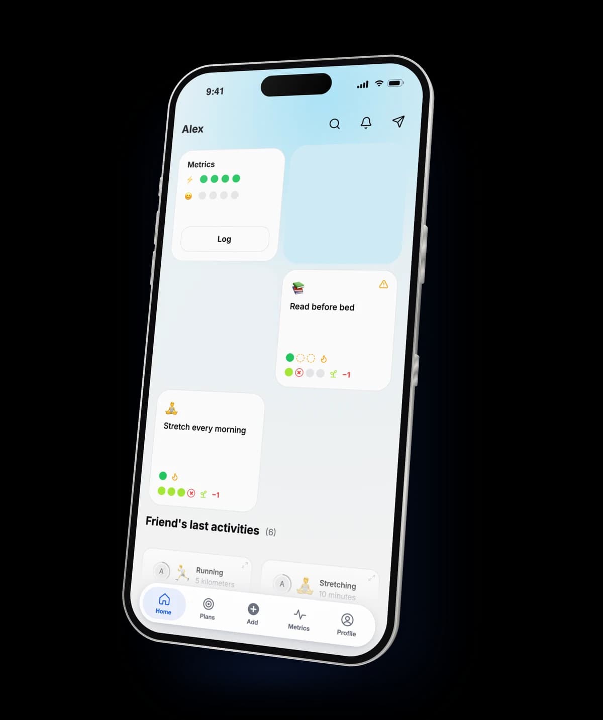 tracking.so iPhone home screen with plan cards, streaks and coach status